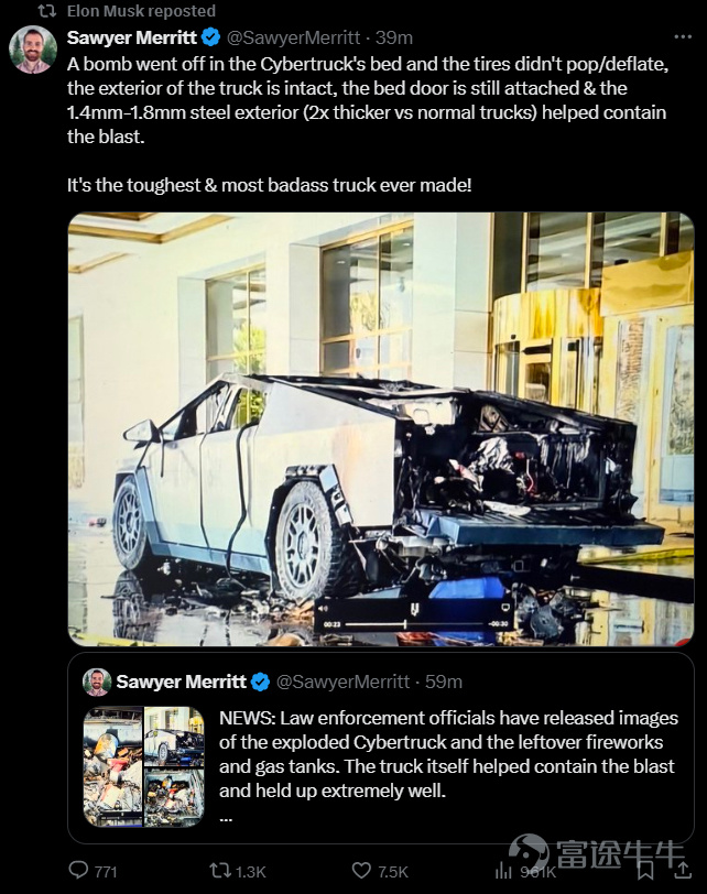 $特斯拉 (TSLA.US)$ 這輛車可以放在戰場上用，就算炸彈爆炸都沒有炸爛它哪堅硬的外形車身，太牛掰啦