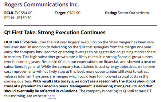 Maybe this helps to boost sentiment around the telecoms. Scotia is enthusiastic at least: $Rogers Communications Inc (RCI.A.CA)$$Rogers Communications Inc (RCI....