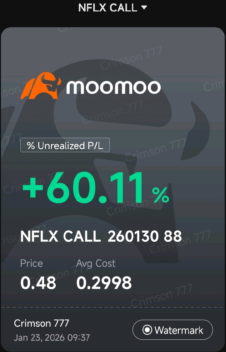$NFLX 260130 88.00C$ took some profit gonna let a few ride for free, I think she has more to give, min 90 a contract