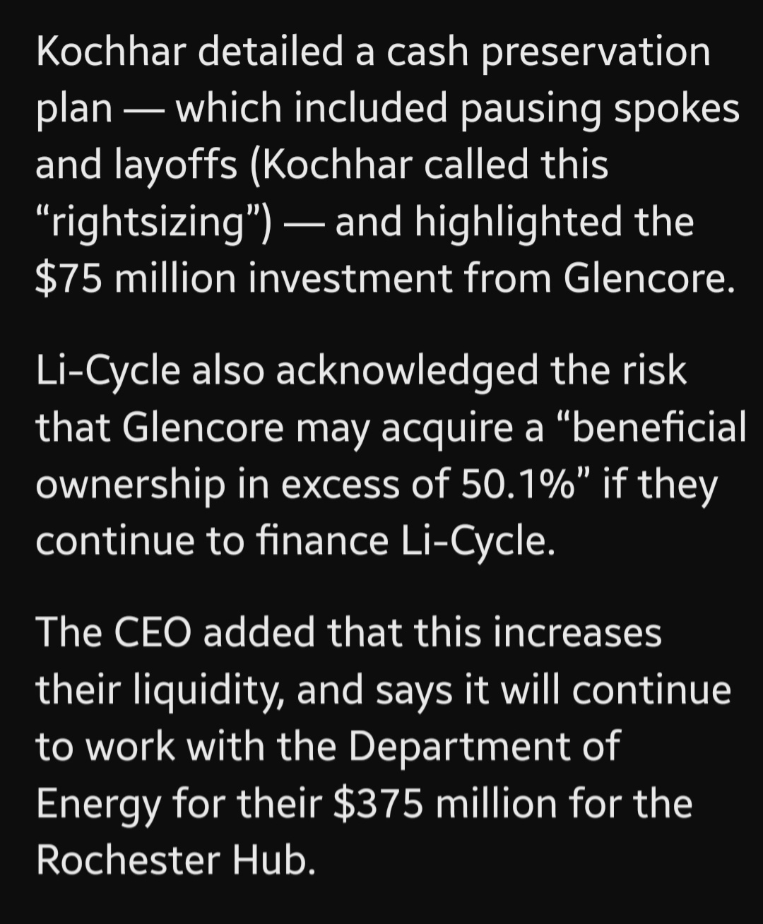 $リサイクル ホールディングス (LICY.US)$今日のアニュアル報告から分かったことは、グレンコアが株式のシェアを50.1％まで増やす可能性があるということです。これは市場と株主にとってどのような意味を持つでしょうか？