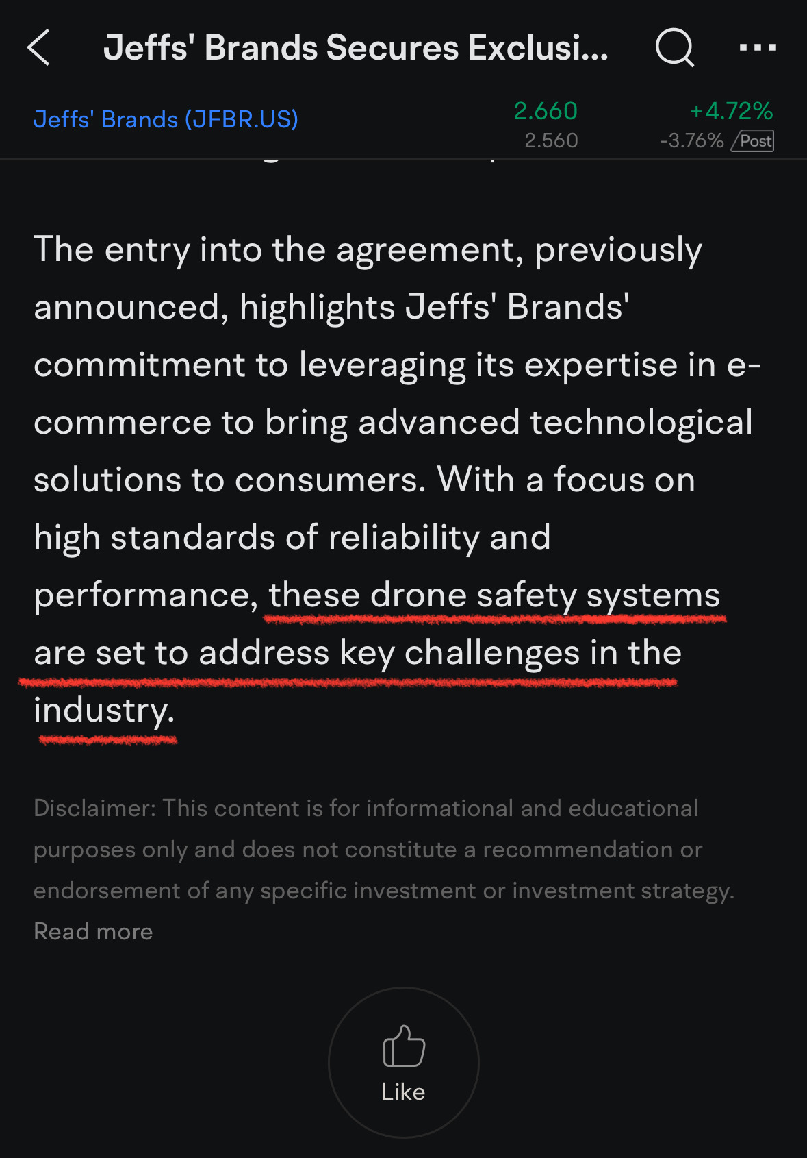 $Jeffs' Brands (JFBR.US)$ 如果他们能在接下来的一周内发布无人机相关的公关活动，那将是黄金广告时间。