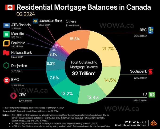 🇨🇦 住宅按揭市場份額（2024 年第二季度）：