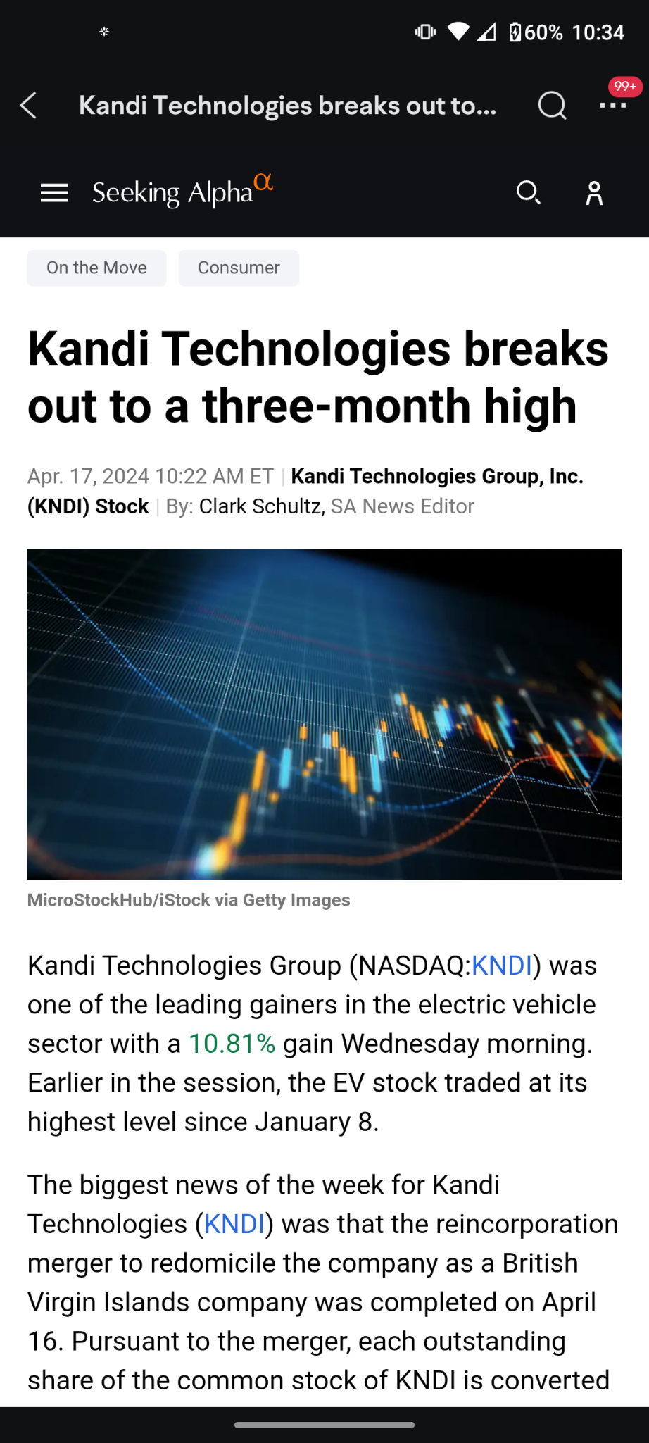 $康迪车业 (KNDI.US)$ 康迪科技集团（纳斯达克：[链接: KNDI]）是电动汽车行业的主要涨幅之一，周三上午涨幅为10.81％。在本交易日早些时候，电动汽车股票的交易价格创下了1月8日以来的最高水平。  康迪科技本周最大的新闻（[链接: KNDI]）是，将该公司重新注册为英属维尔京群岛公司的重组合并已于4月1...