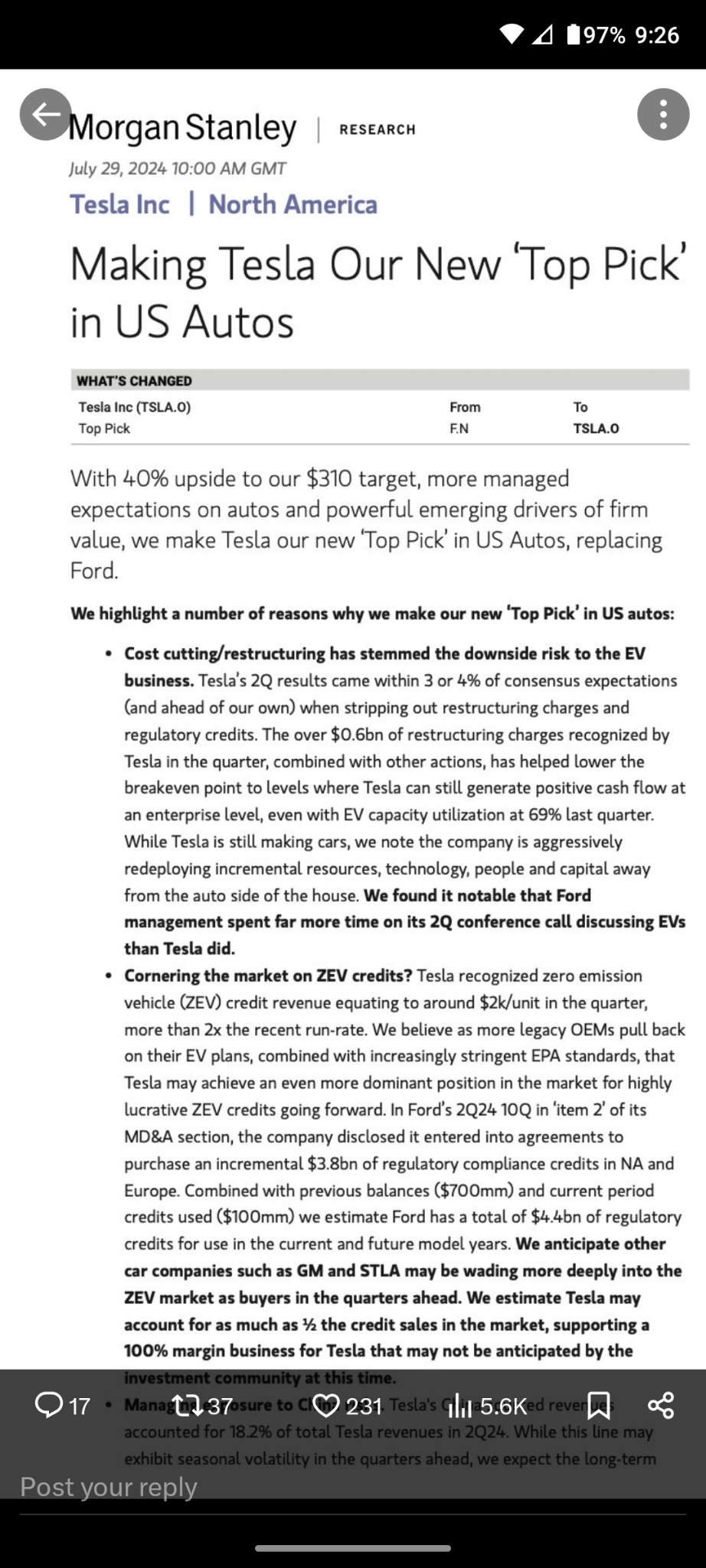 $Tesla (TSLA.US)$ Morgan Stanley top pick this morning