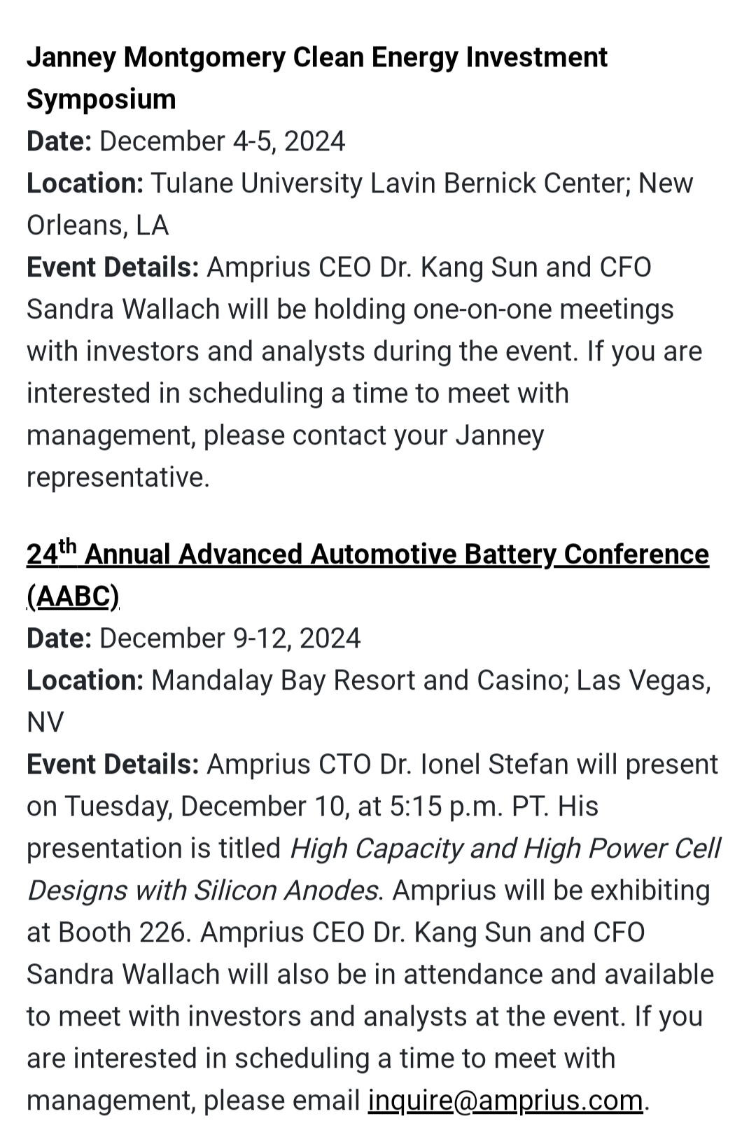 $Amprius Technologies (AMPX.US)$ this company's doing the right thing for exposure these are the conferences that are coming up in the next two weeks.