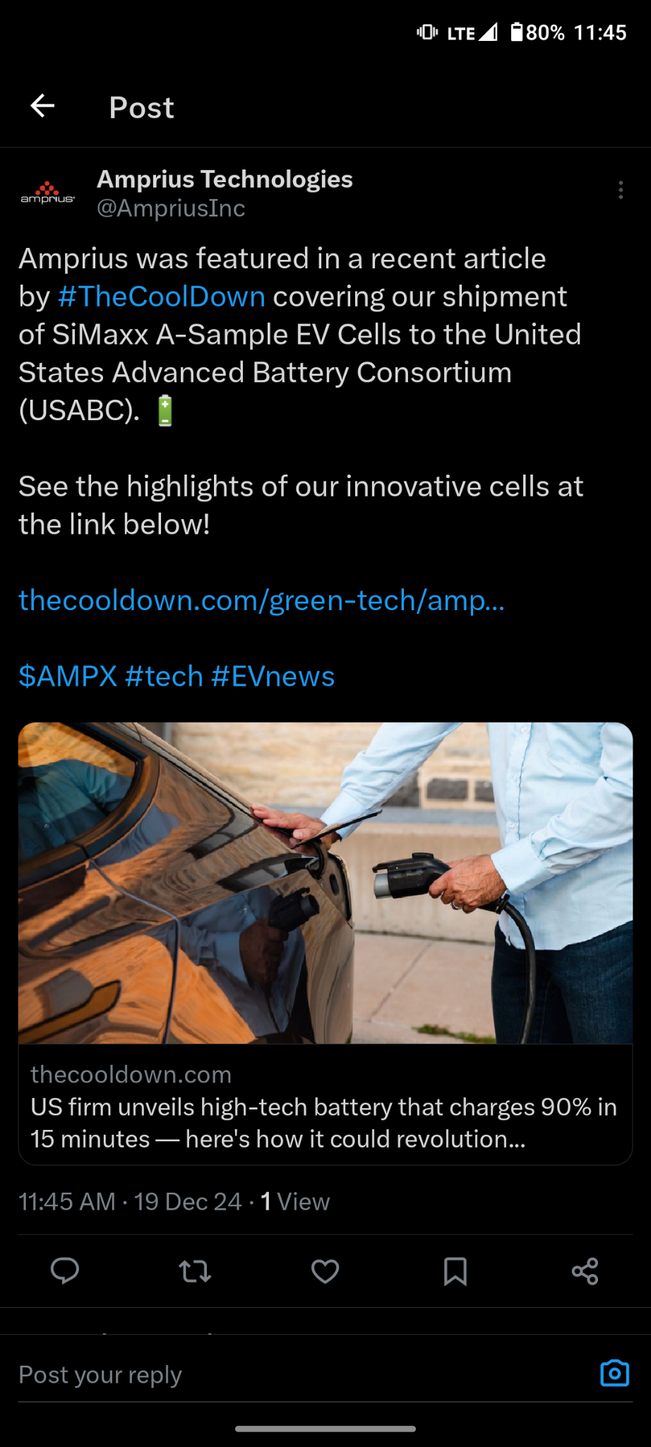 $Amprius Technologies (AMPX.US)$ Company featured in article  [Share Link: US firm unveils high-tech battery that charges 90% in 15 minutes — here's how it coul...