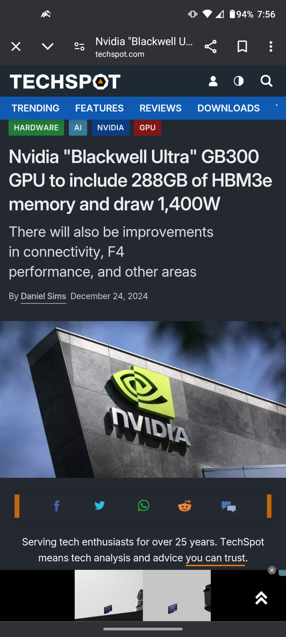 $エヌビディア (NVDA.US)$[リンク: エヌビディア「ブラックウェル・ウルトラ」GB300 GPUは、288GbのHBM3eメモリを搭載し、1400Wを消費します]