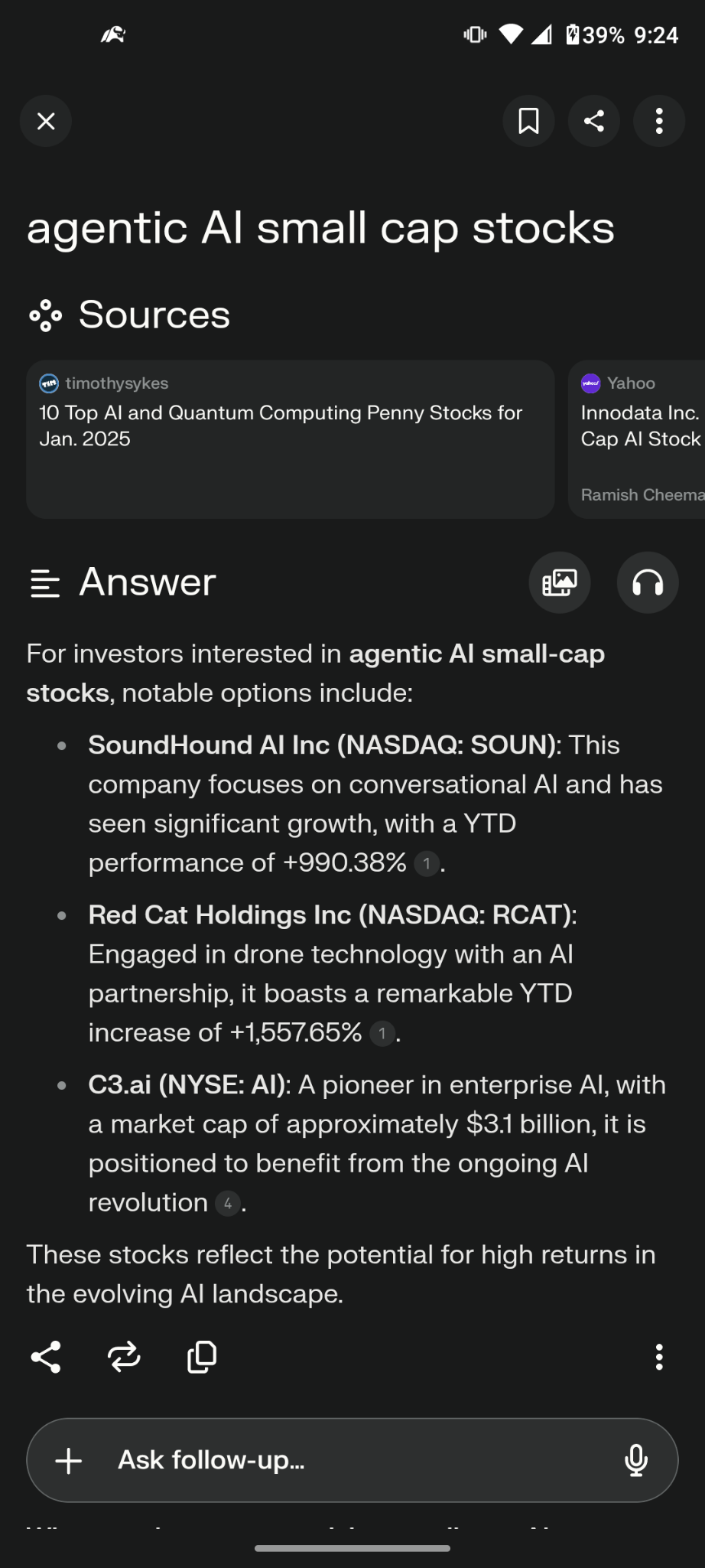 $SoundHound AI (SOUN.US)$ I'm doing a search under perplexity for the leading agentic AI companies because Jensen said this is the next wave is agentic  AI