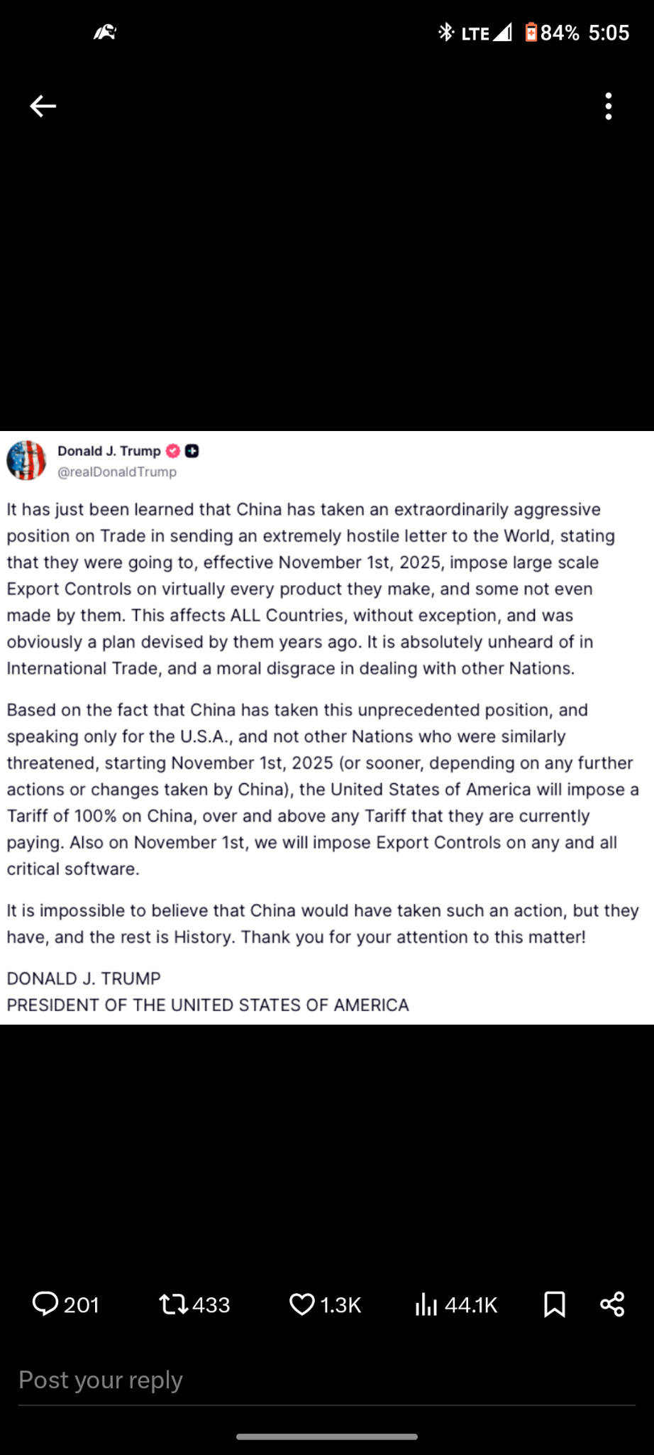 特朗普总统刚刚实施了100%的关税