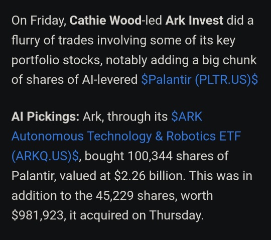 凯西·伍德的 ARK Invest 和 DNB 资产管理公司看好 PLTR ^^ 大笔收购！