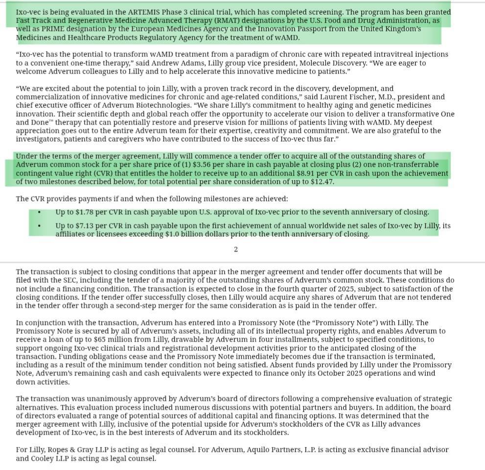 $Adverum Biotechnologies (ADVM.US)$ $ADVM being bought by $LLY big cash, CVR, and immediate $65M promissary note, deal worth hundreds of millions, AQUARIUS and ...