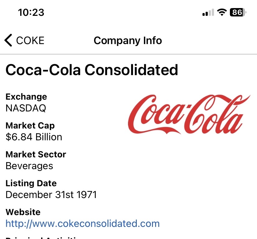 $コカ コーラ コンソリデーティッド (COKE.US)$