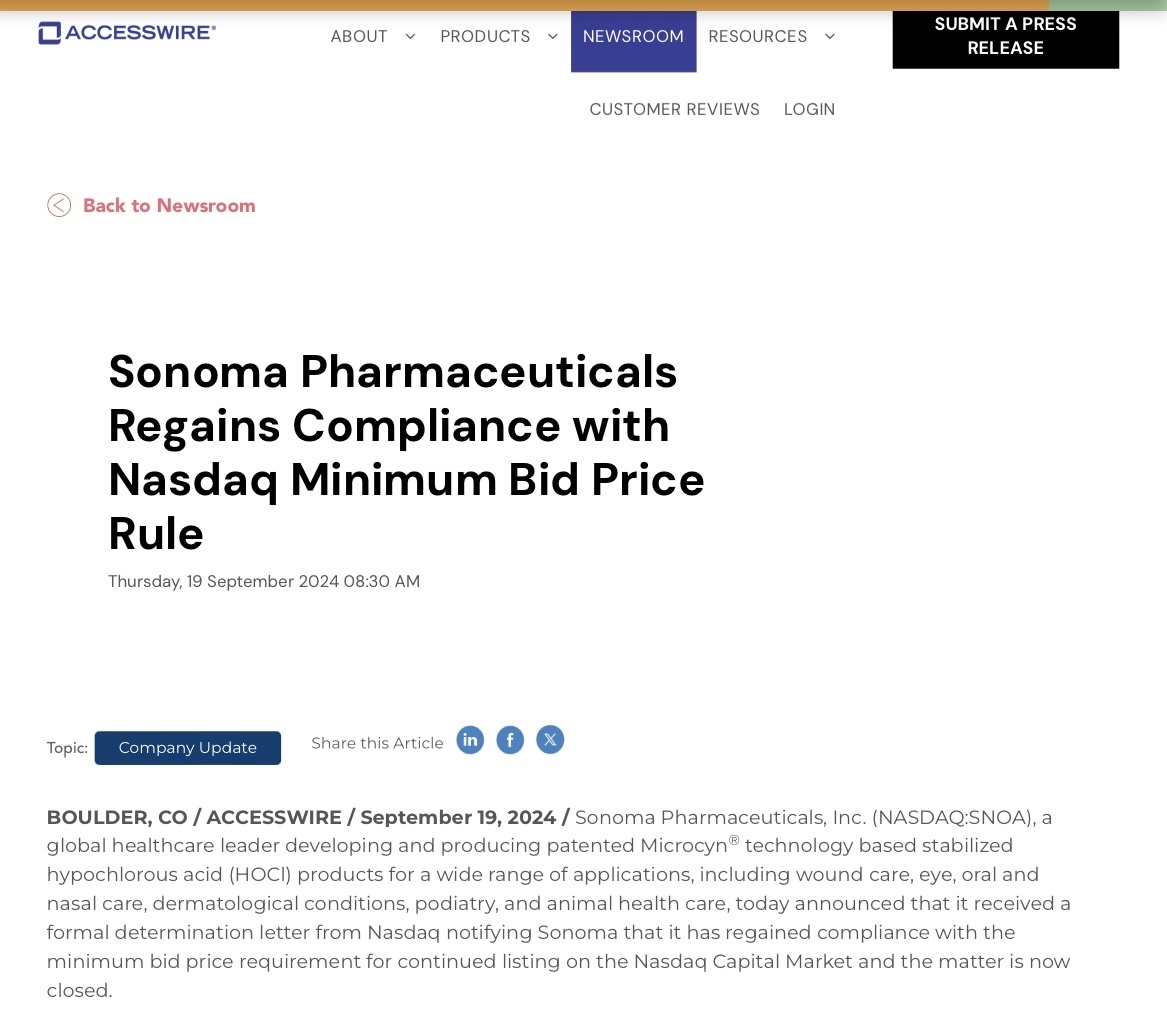 $Sonoma Pharmaceuticals (SNOA.US)$