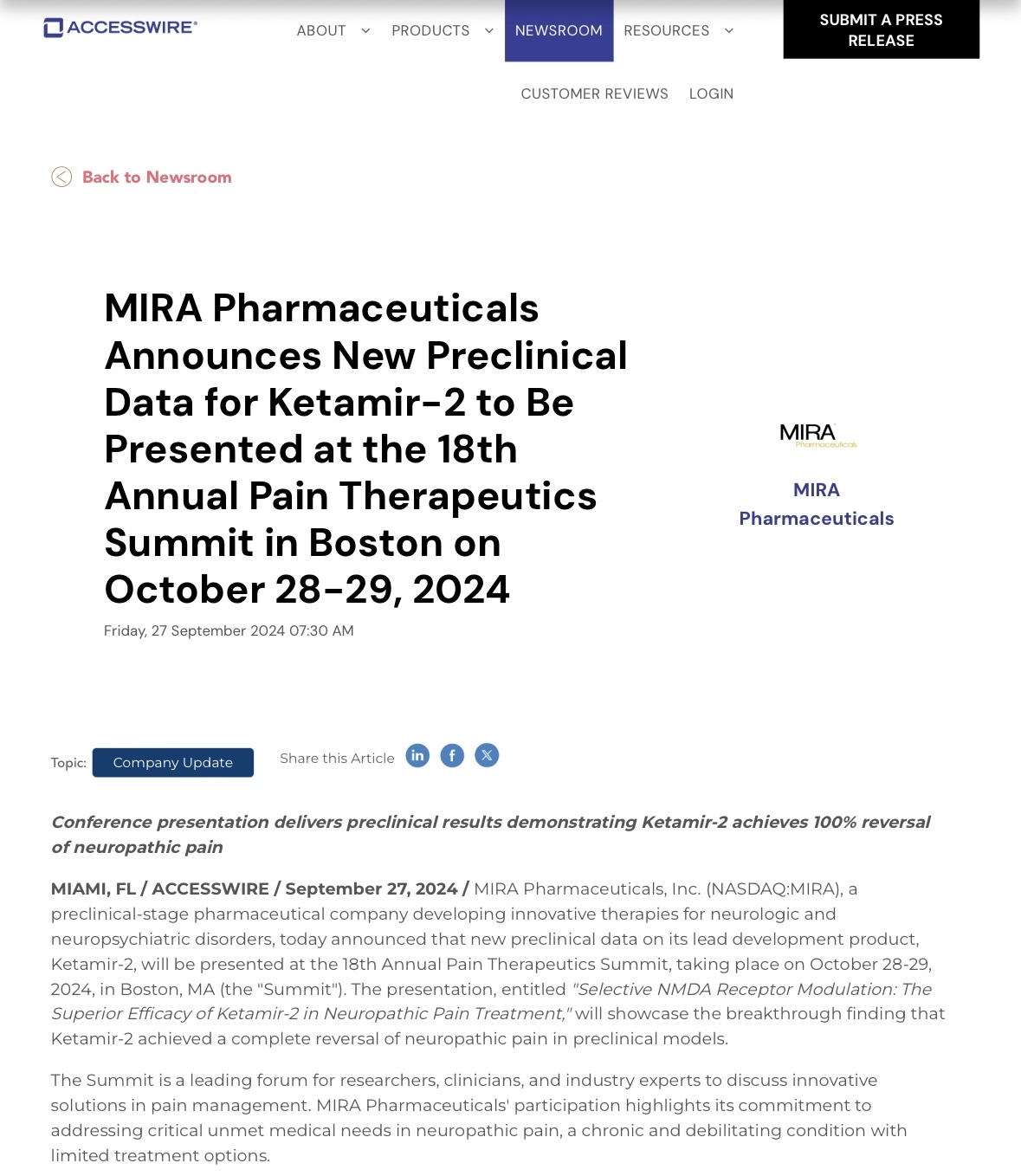 $MIRA Pharmaceuticals (MIRA.US)$