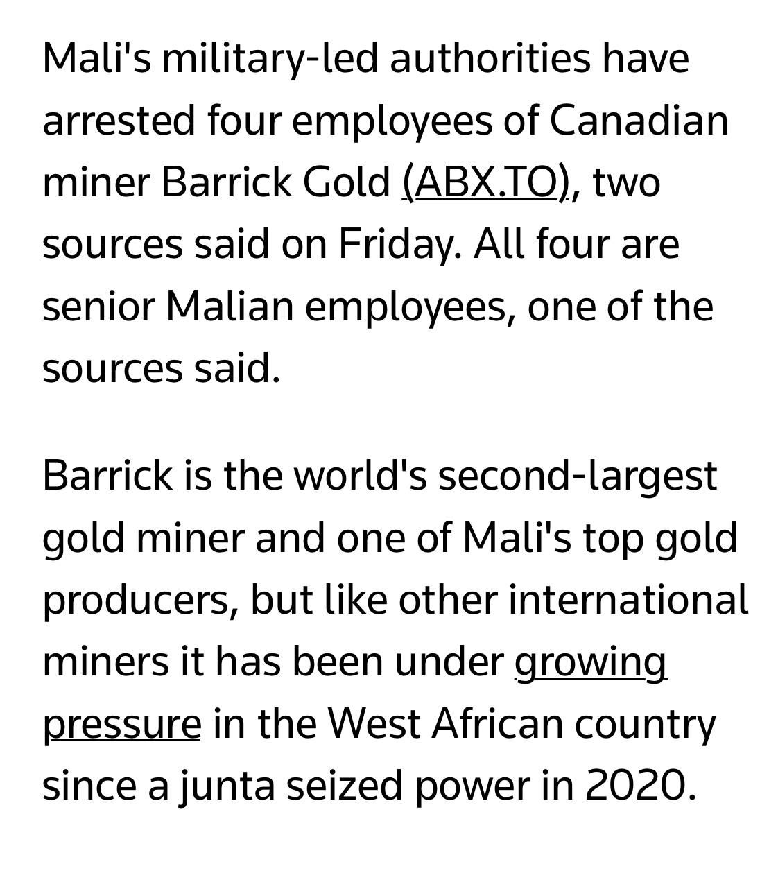 “Mali junta arrests 4 employees of Barrick Gold, say sources”