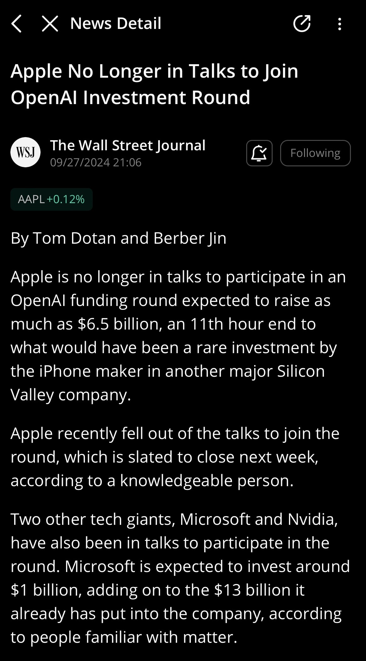 “Apple no longer in talks to join Open AI investment round”