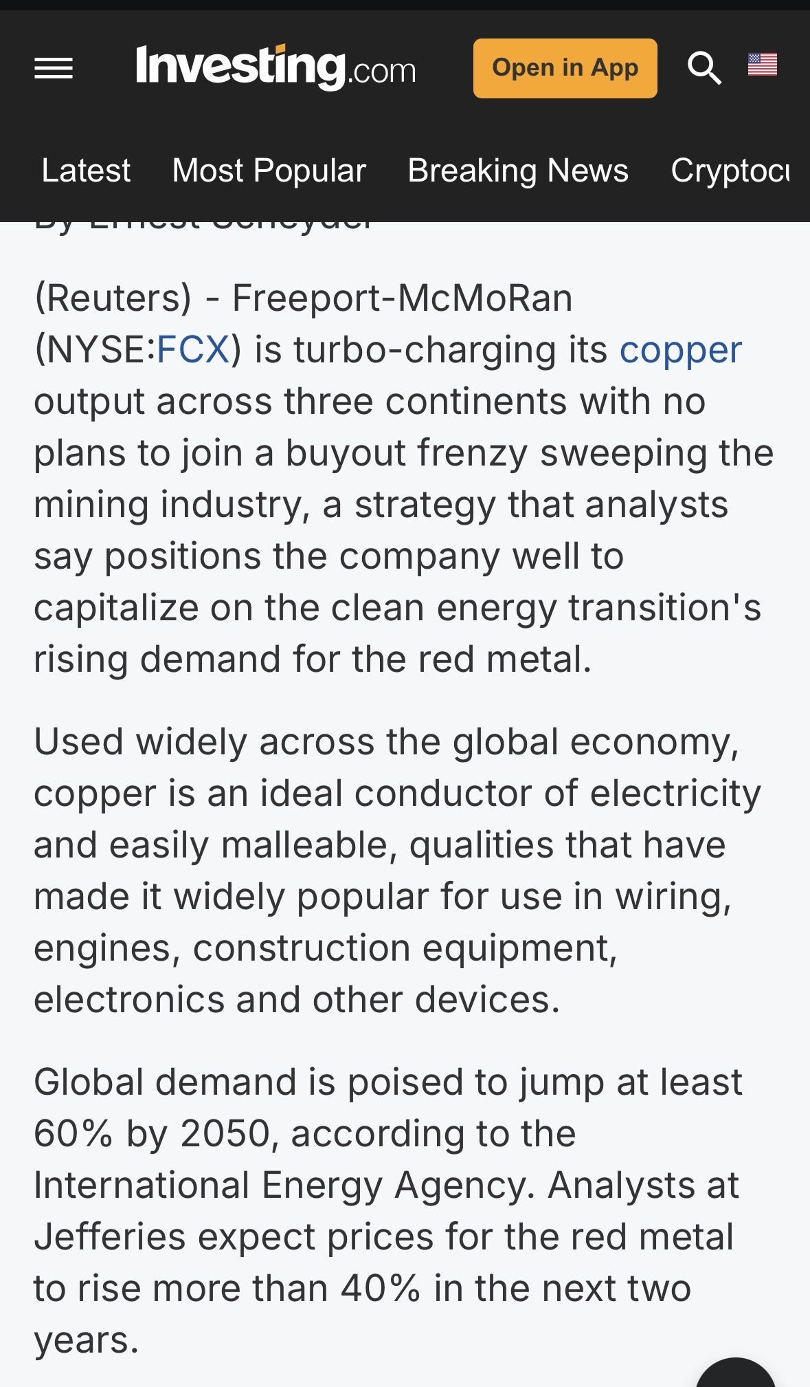 Via: Reuters. “Freeport cranks up copper output”