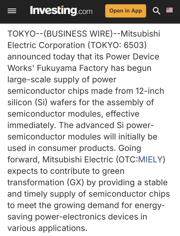 “Mitsubishi Electric Begins Supplying Power Semiconductor Chips Made from 12-inch Wafers for Semiconductor Module Assembly”⚡️⚡️⚡️⚡️