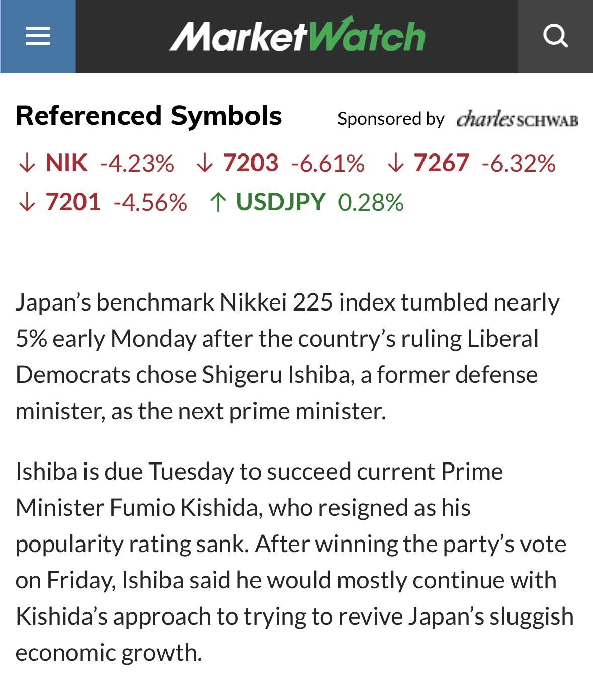 “Japan’s Nikkei sinks after ruling party chooses Ishiba as next prime minister”