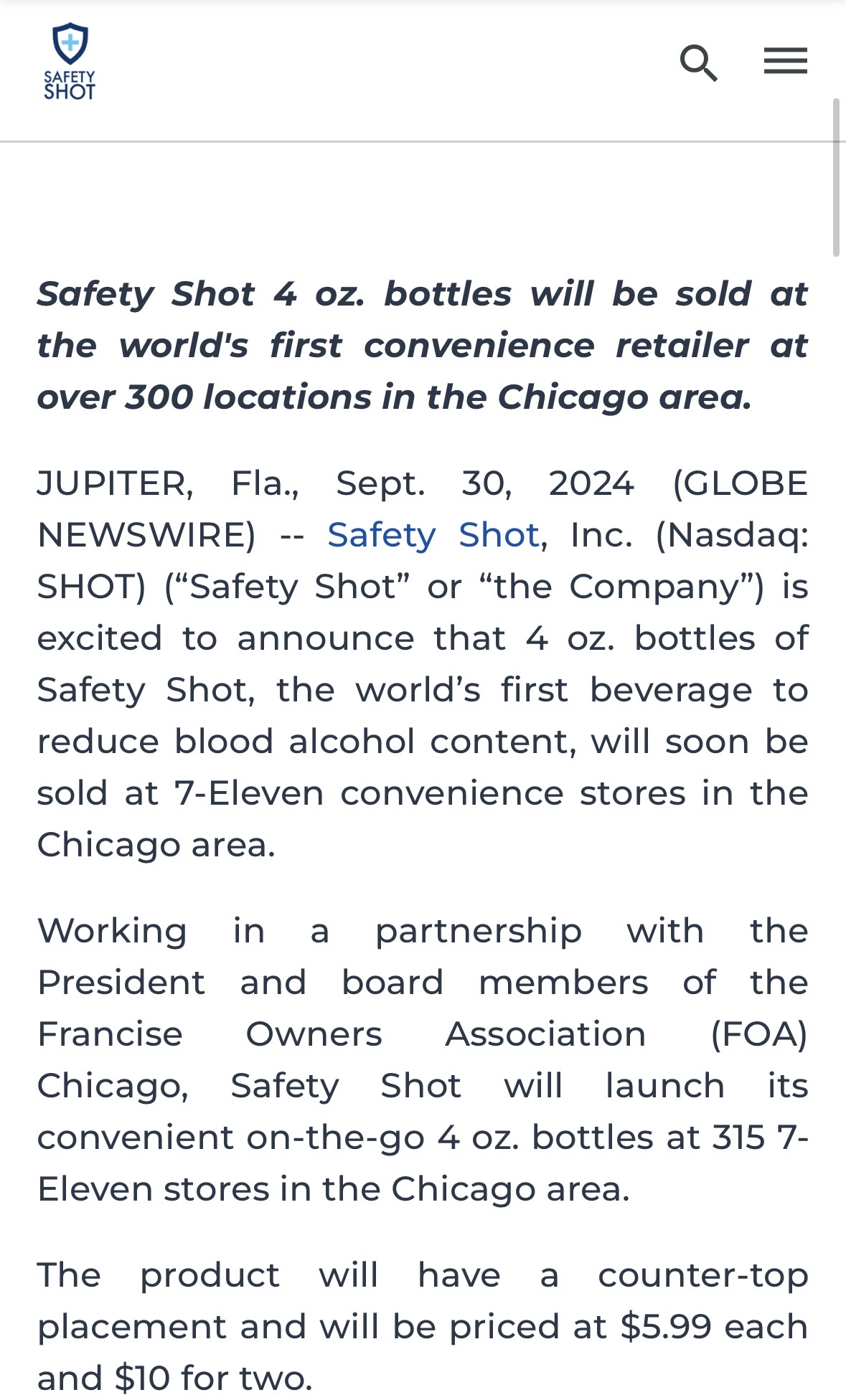 “Safety Shot’s革命性的降低血液酒精濃度飲料將在芝加哥的7/11商店開售”