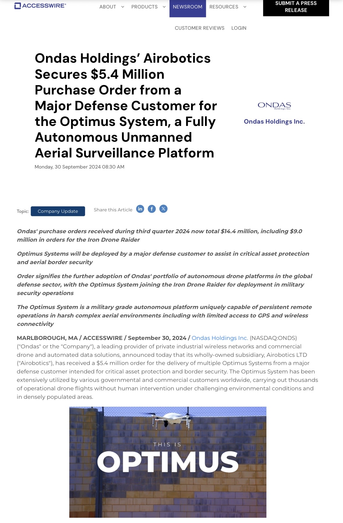 “Secured $5.4M Purchase Order from a Major Defense Customer for the Optimus System”