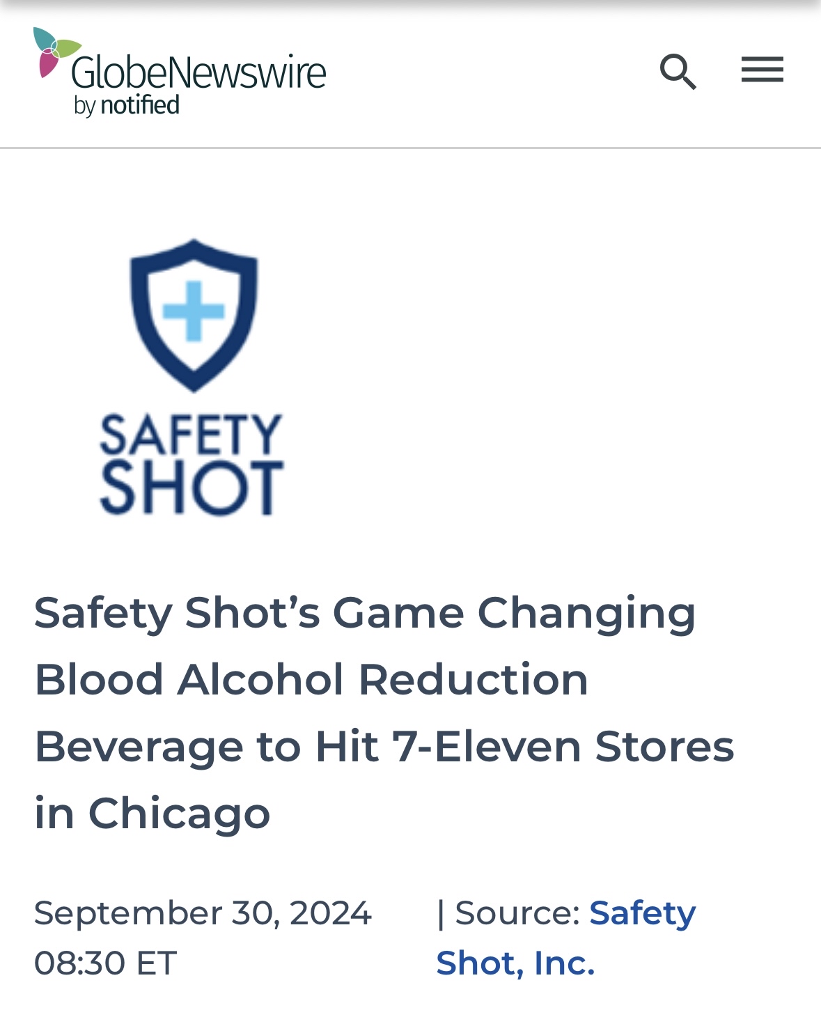 “Safety Shot的创新性降低血液酒精含量的饮品将进入芝加哥的7/11便利店”