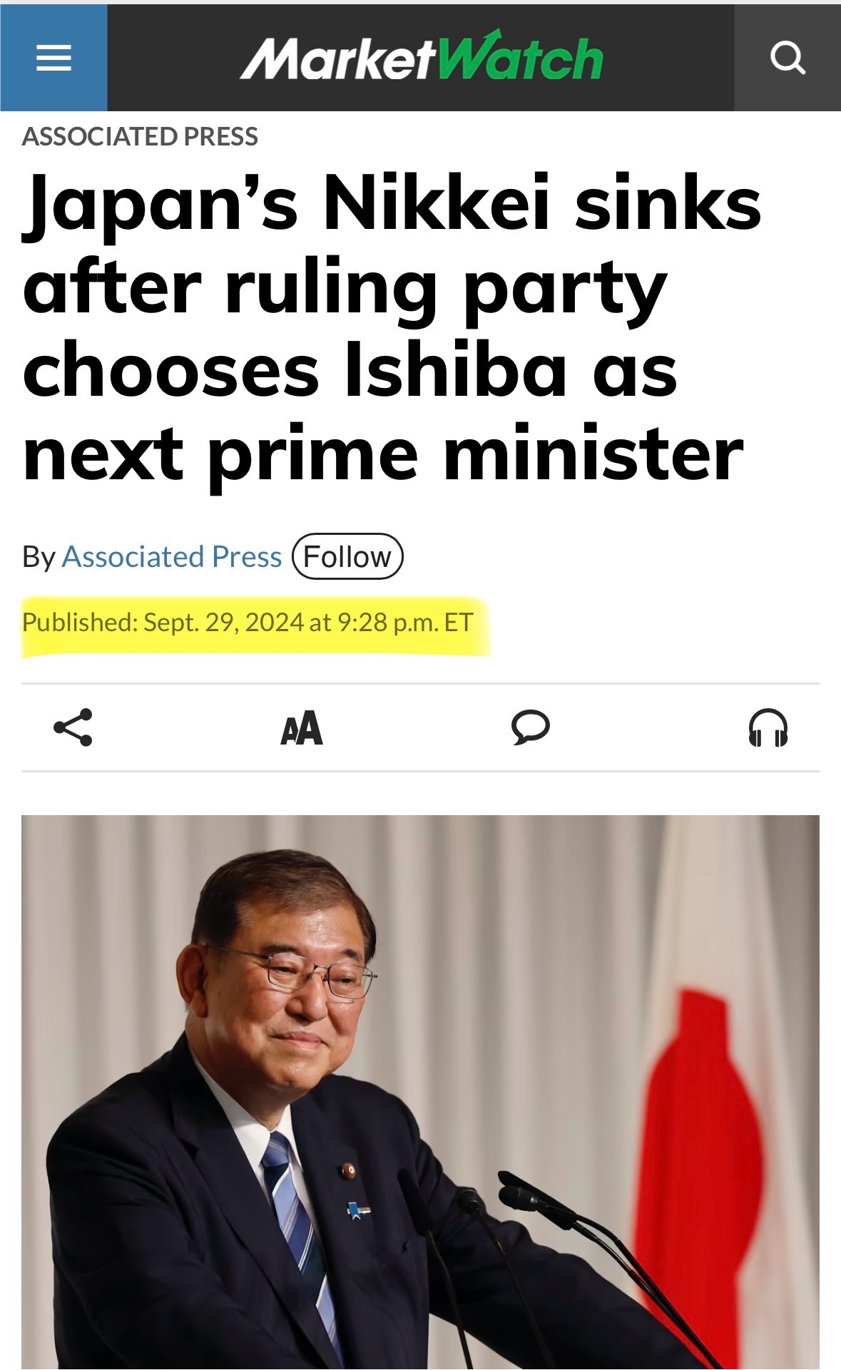 “Japan’s Nikkei sinks after ruling party chooses Ishiba as next prime minister”