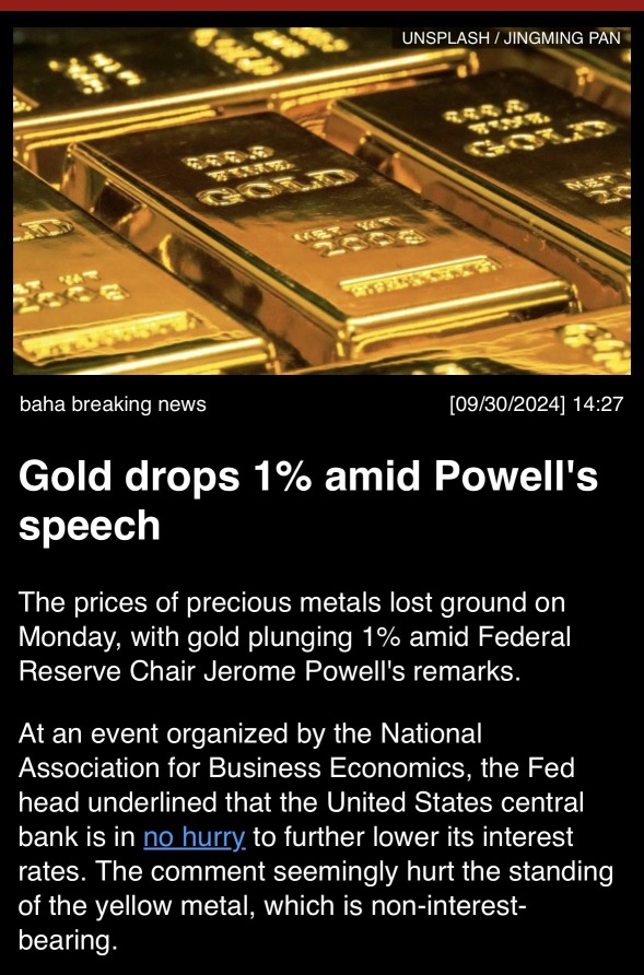 Gold drops 1% amid Powell’s speech.