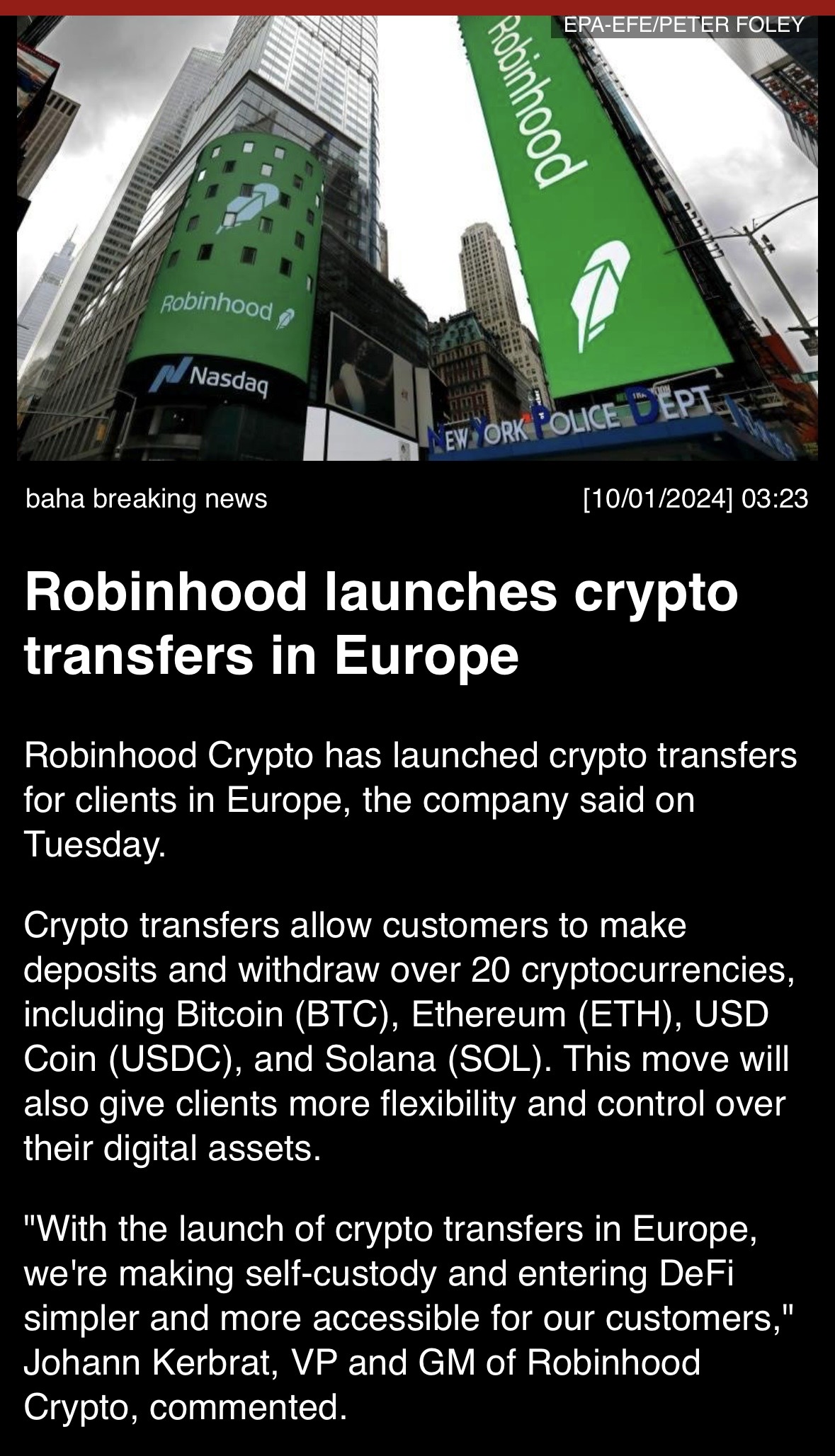 Robinhood launches crypto transfers in Europe