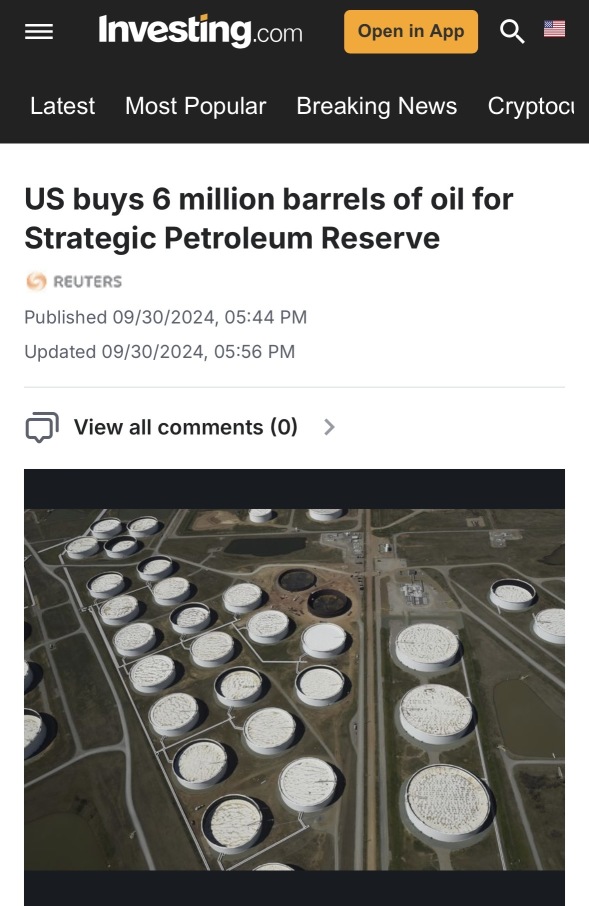 🚨 U.S. buys 6M barrels of oil for Strategic Petroleum Reserve 🚨