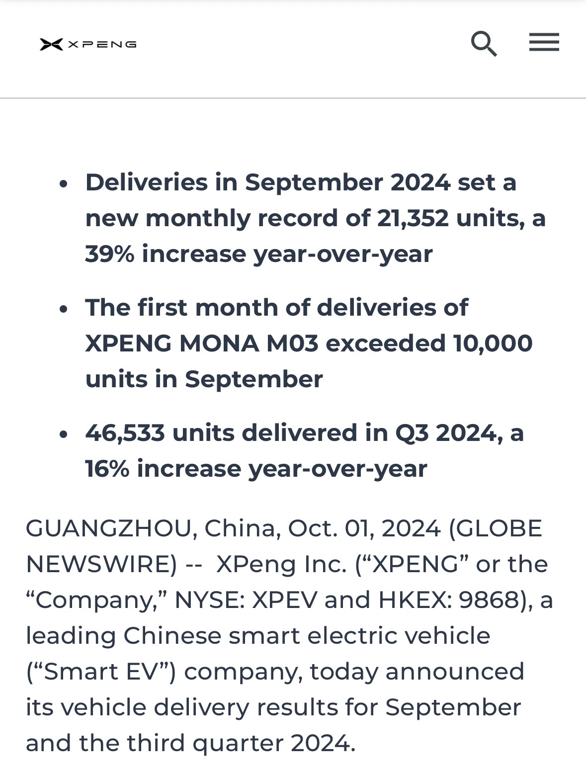 “XPENG Announces Vehicle Delivery Results for September & Third Quarter 2024”