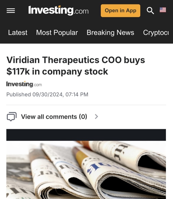 「Viridian TherapeuticsのCOOが会社株11.7万ドルを購入」