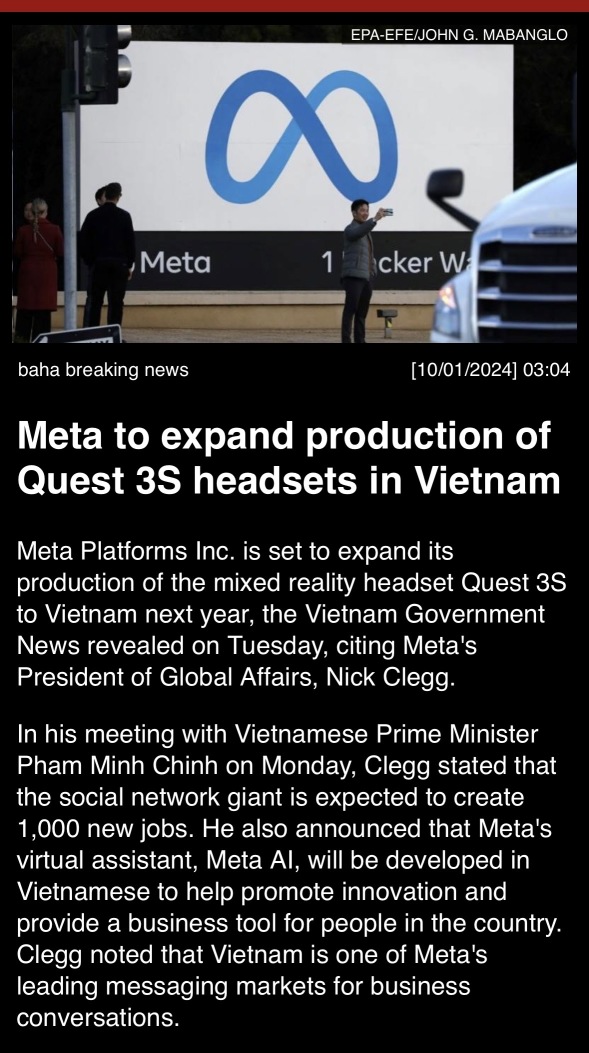 Meta to expand production of Quest 3S headsets in Vietnam 🇻🇳 (Republic of)