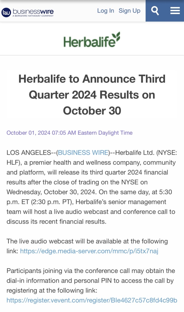 Herbalife to Announce Third Quarter 2024 Results on October 30th.