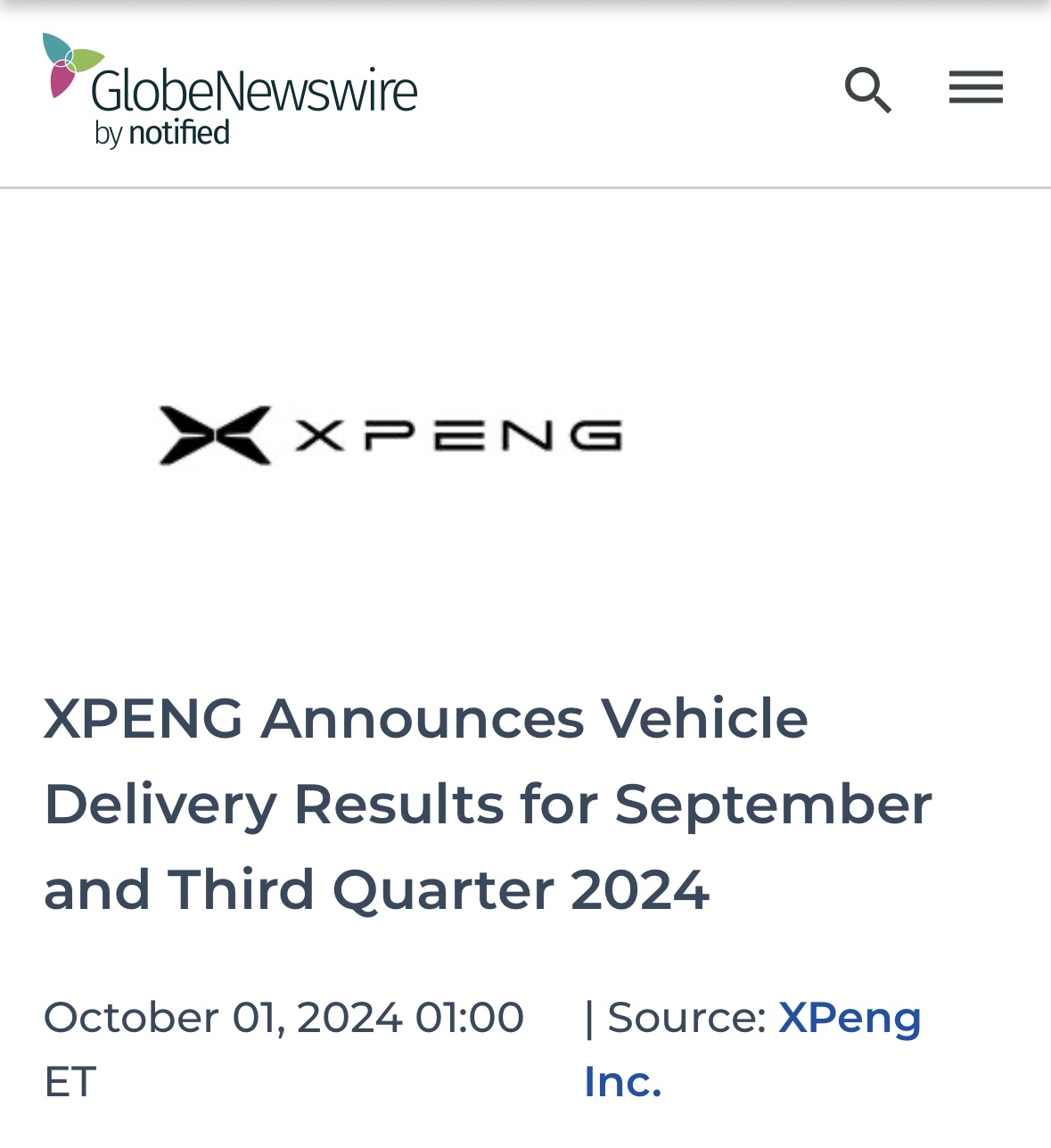 “XPENG Announces Vehicle Delivery Results for September & Third Quarter 2024”