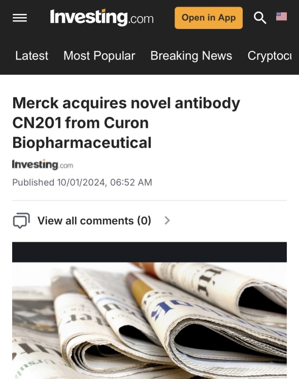 Merck acquires novel antibody CN201 from Curon Biopharmaceutical