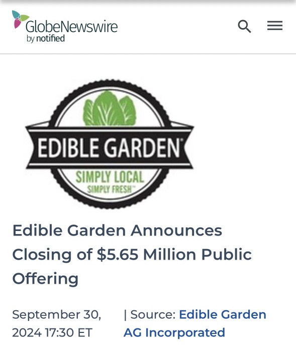 “Edible Garden Announces Closing of $5.65M Public Offering”