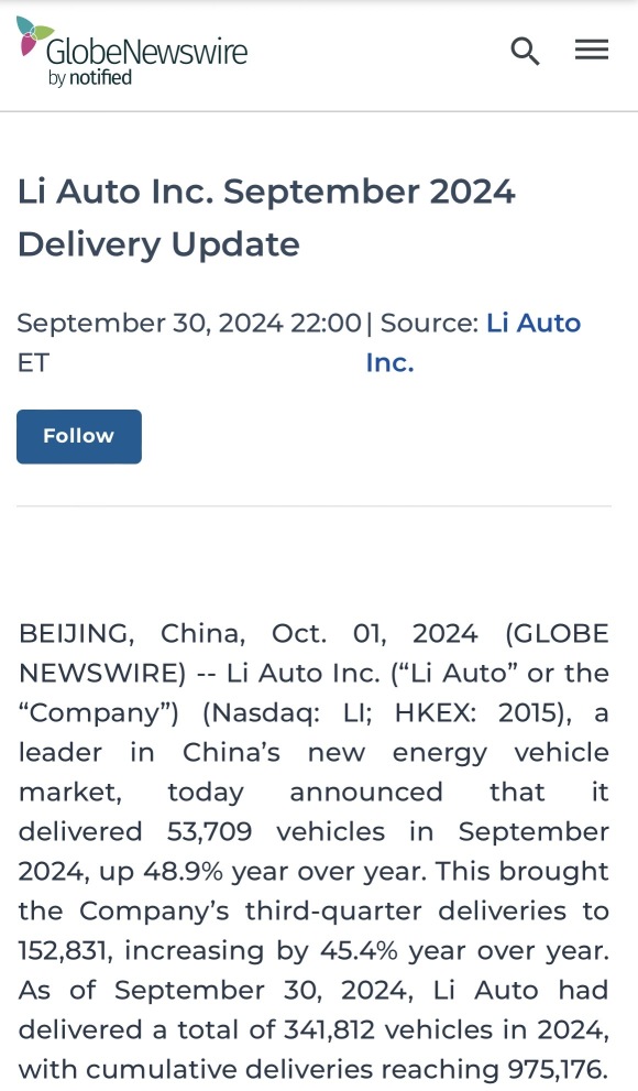 Li Auto Inc. September 2024 Delivery Update.