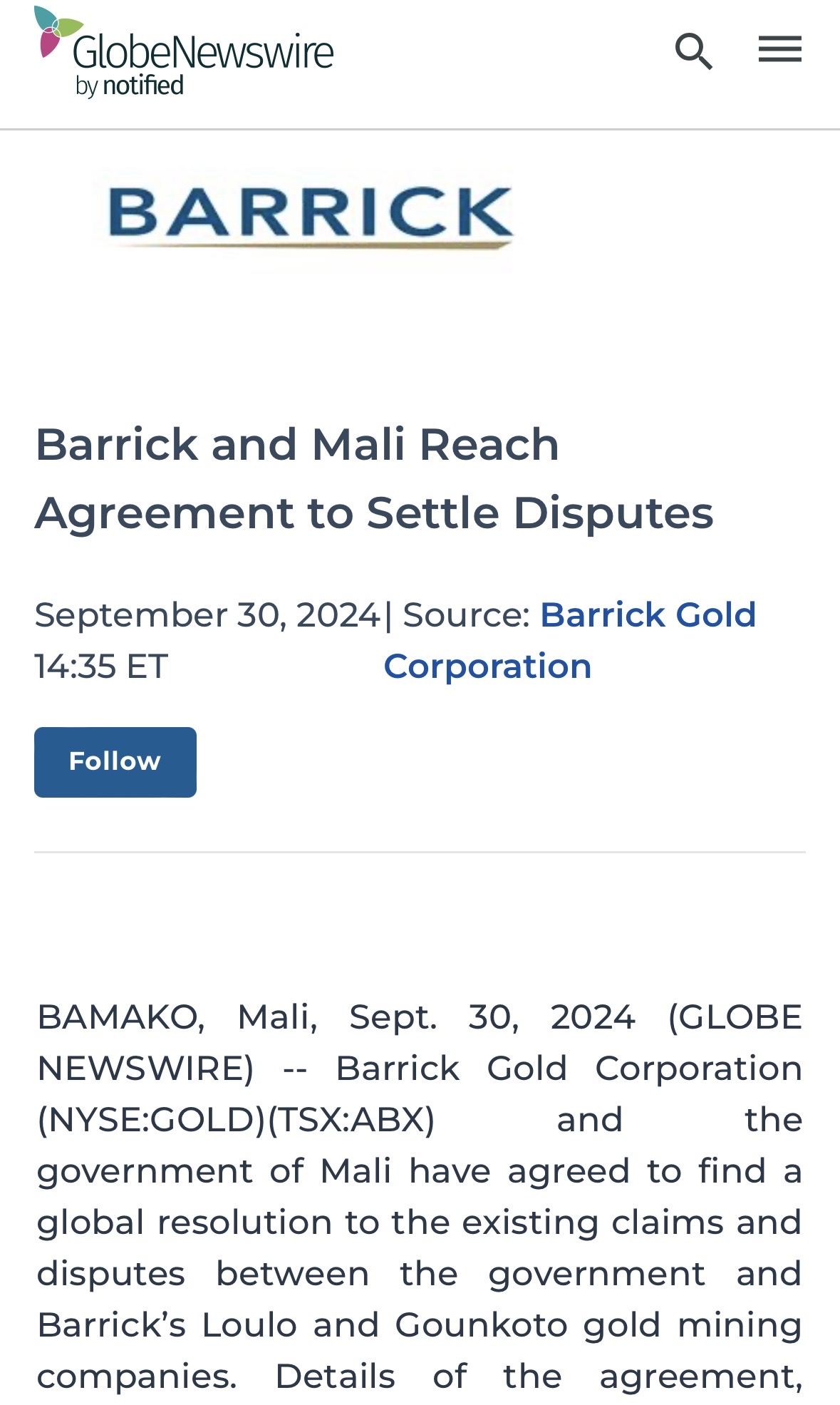 Barrick and Mali Reach Agreement to Settle Disputes.