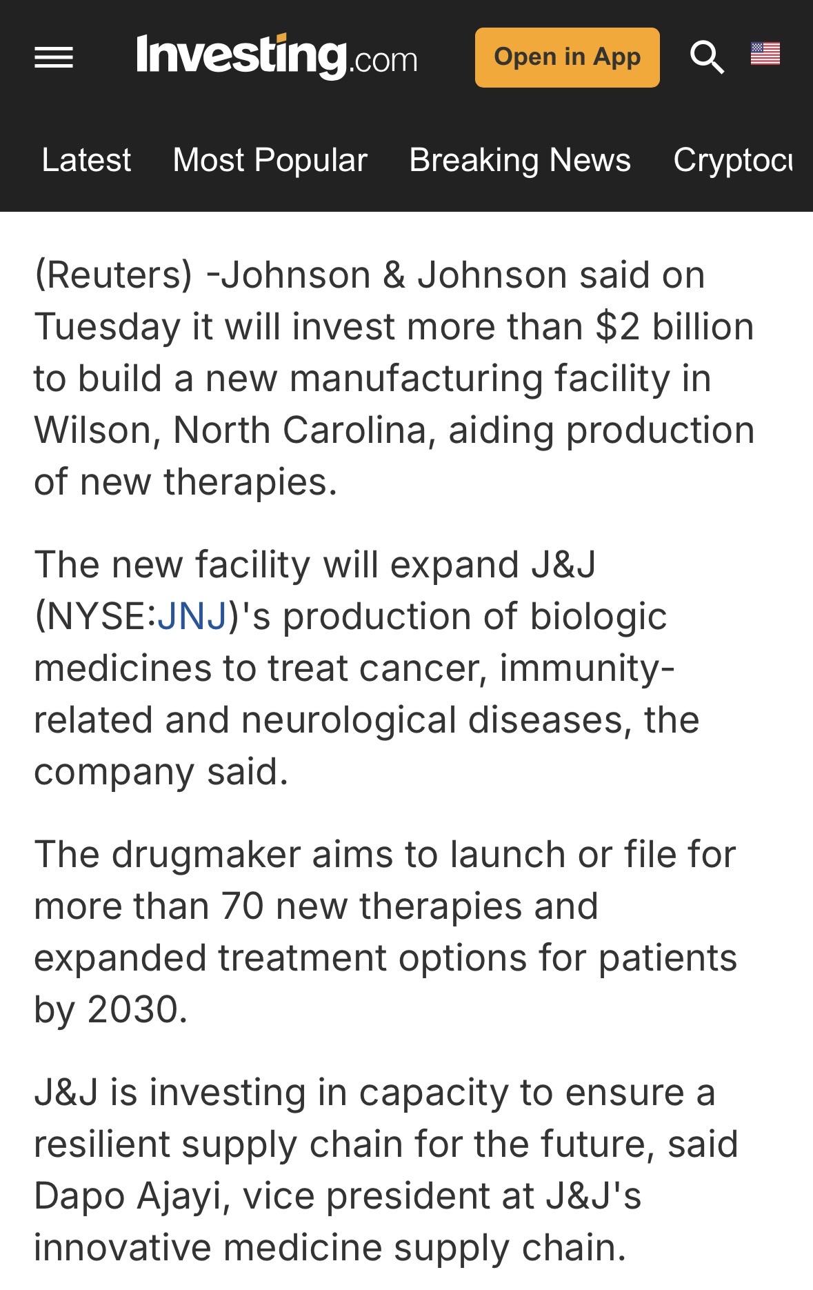 J&J to invest over $2 billion for new manufacturing facility in North Carolina