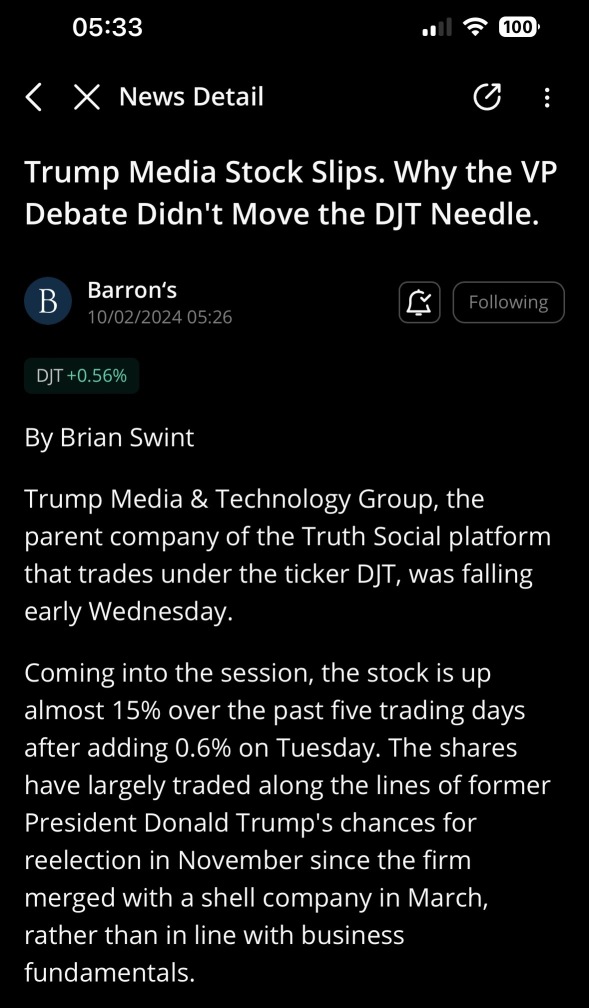 “Trump Media Stock Slips. Why the VP Debate Didn’t Move the DJT Needle”