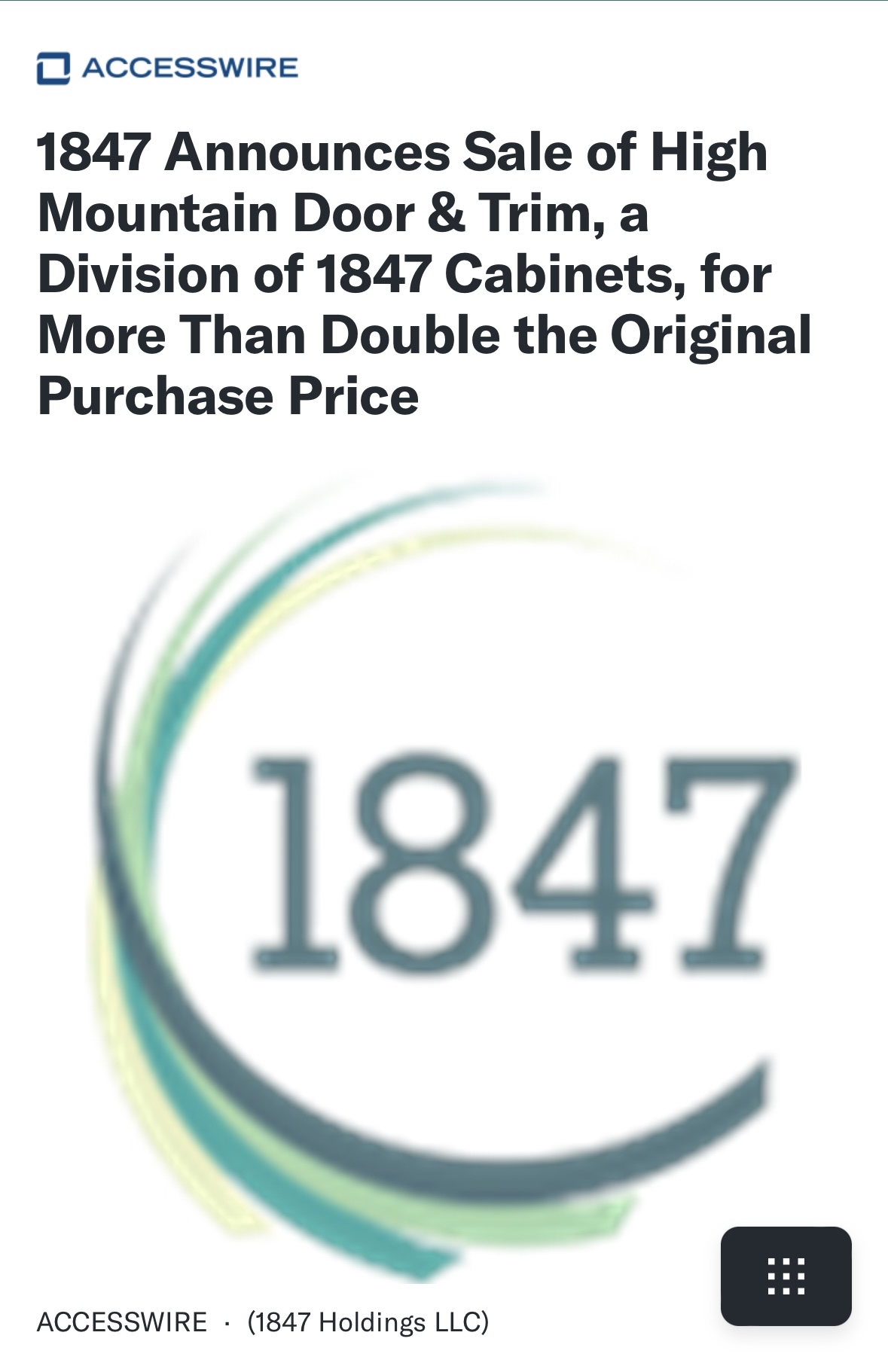 「1847キャビネットの部門であるハイマウンテン ドア& トリムの売却を、元の購入価格の2倍以上で発表」