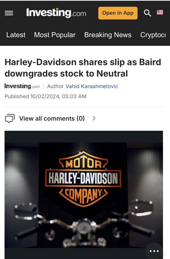 “Harley-Davidson shares slip as Baird downgrades stock to Neutral”