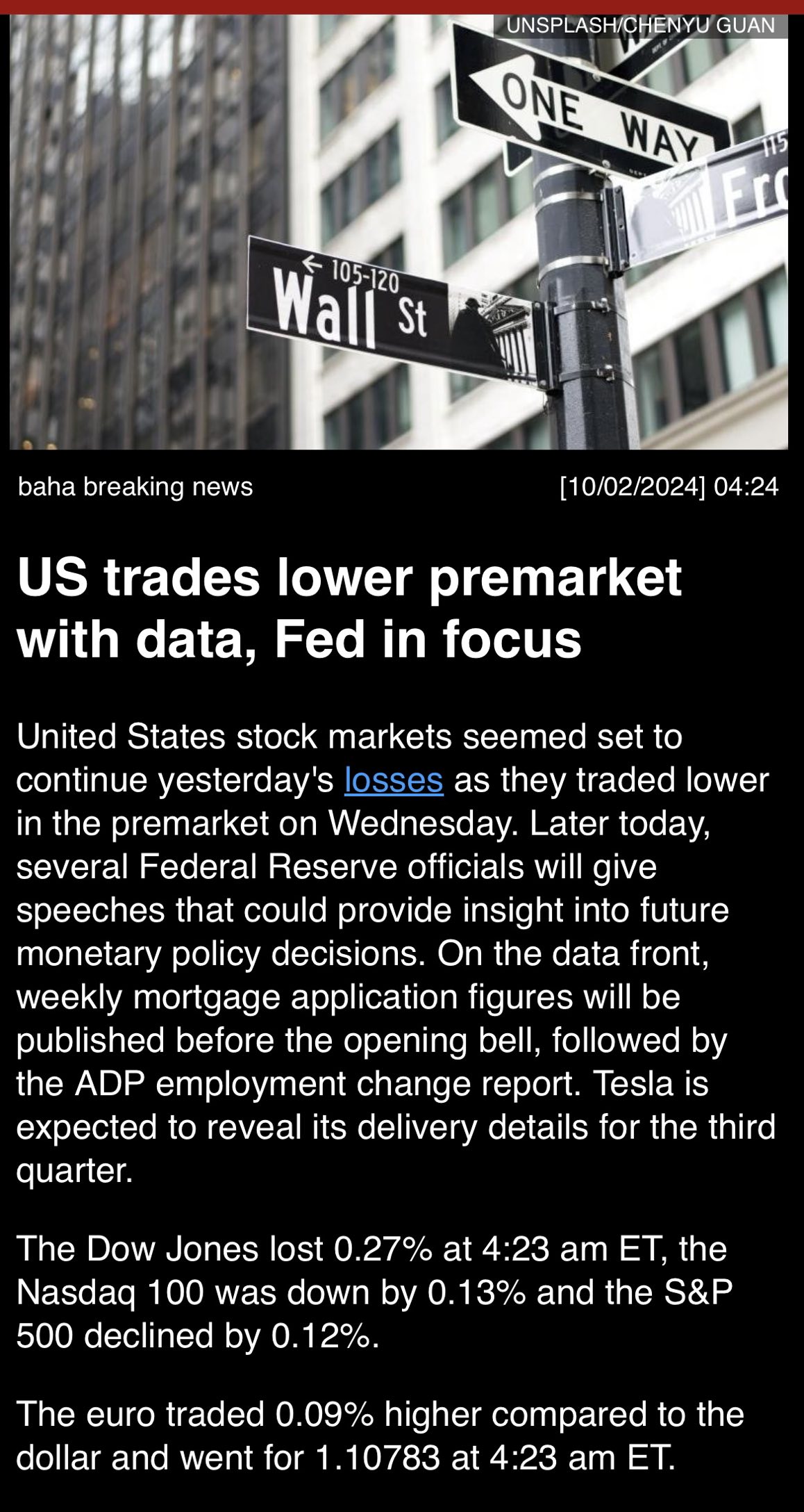 10/2/24  “U S trades lower premarket with data, Fed in focus”