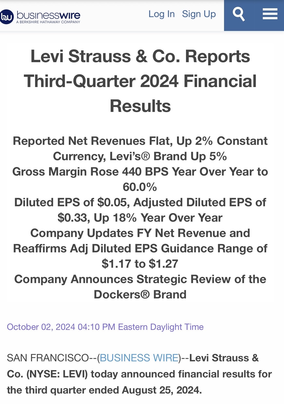 Levi Strauss & Co. Reports Third-Quarter 2024 Financial Results.