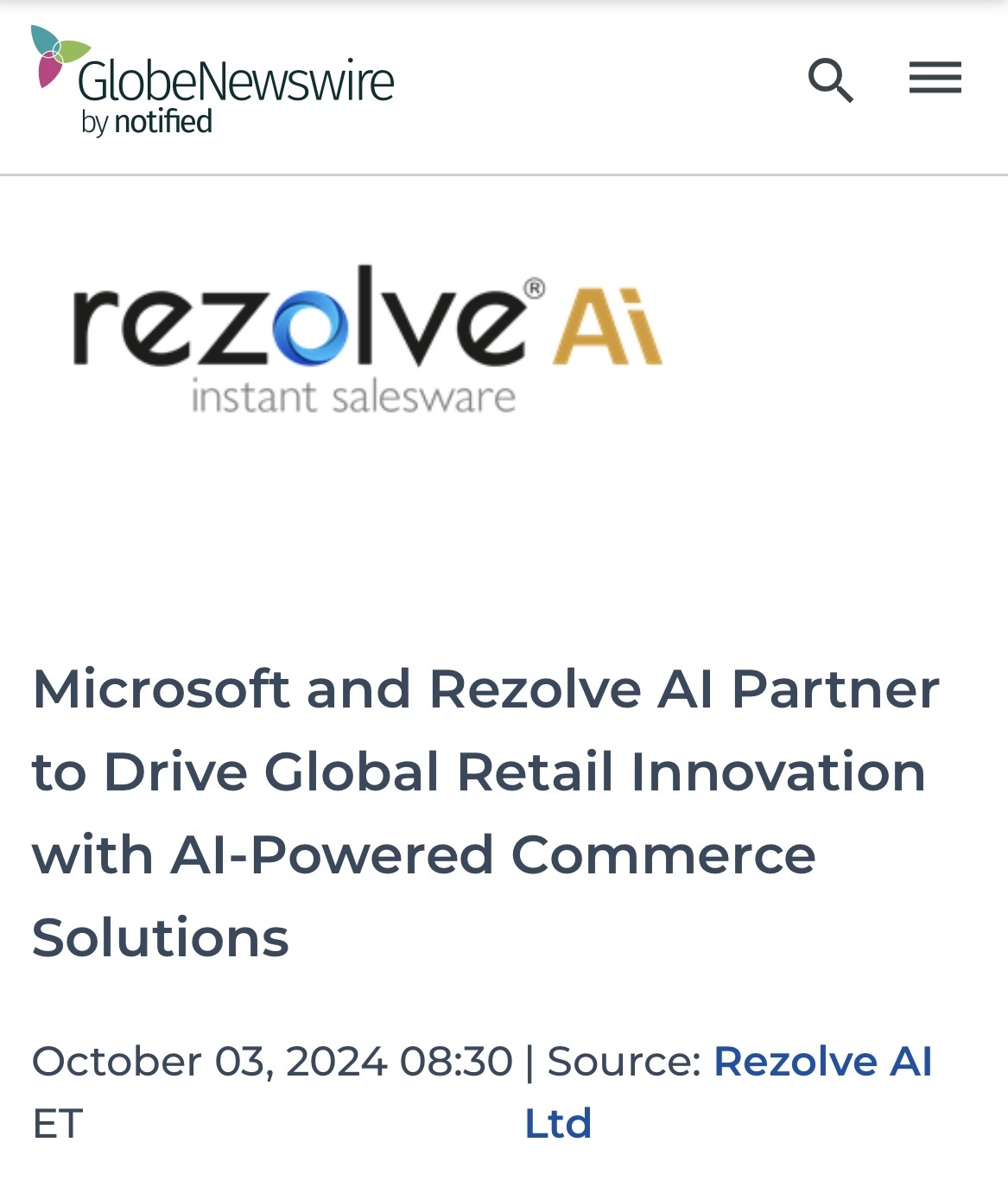 Microsoft and Rezolve AI Partner to Drive Global Retail With AI-Powered Commerce Solutions.