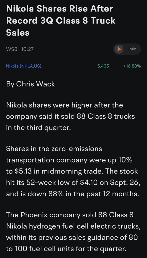 Nikola Shares Rise After Record 3Q Class 8 Truck Sales.