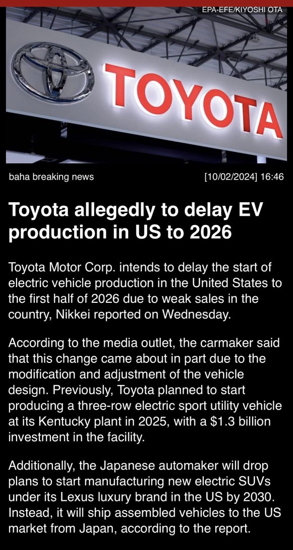 Toyota allegedly to delay EV production in U.S. to 2026.