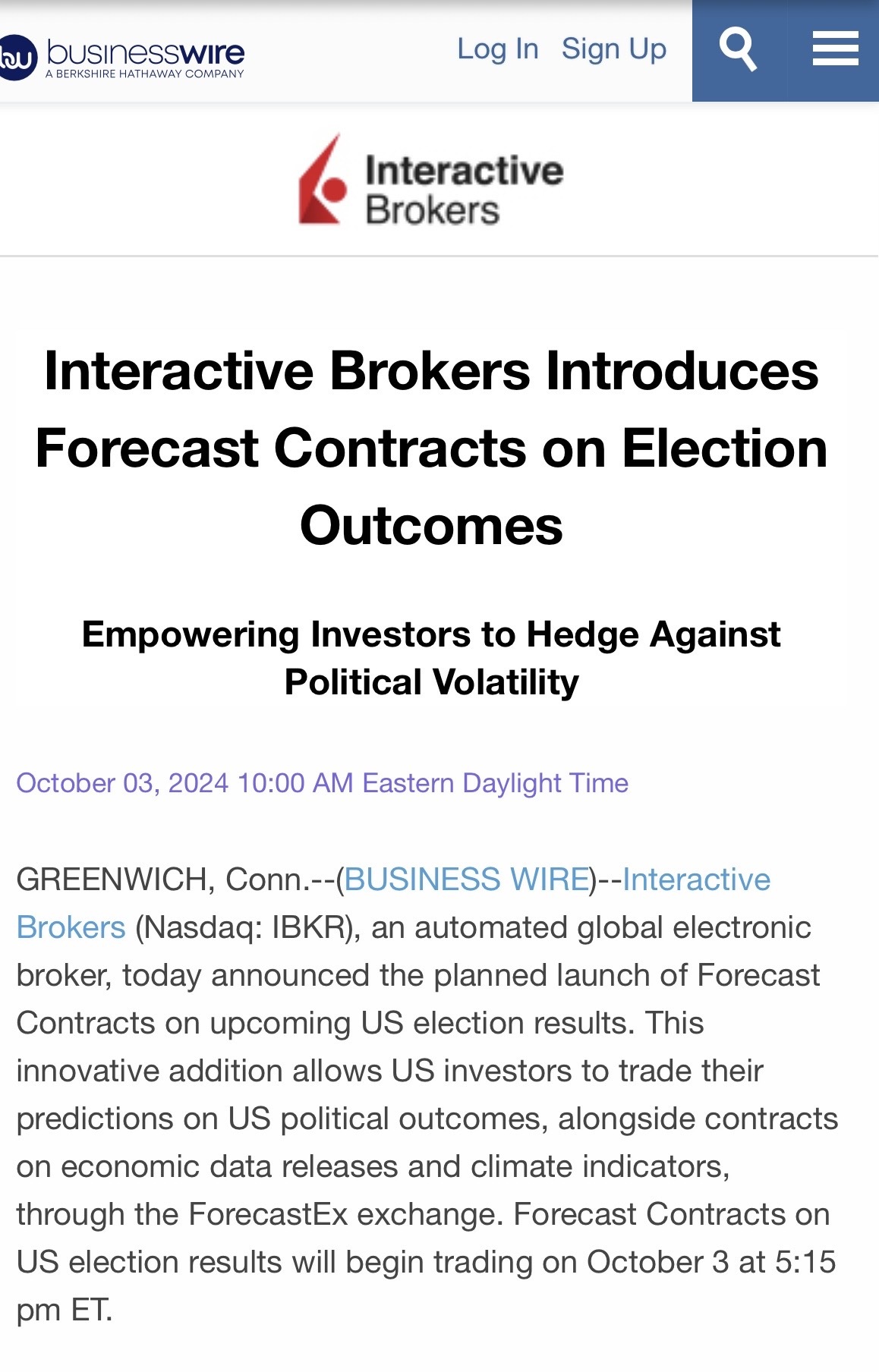 “Interactive Brokers Introduces Forecast Contracts on Election Outcomes”