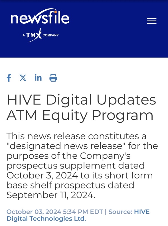 HIVE Digital Updates ATM Equity Program.